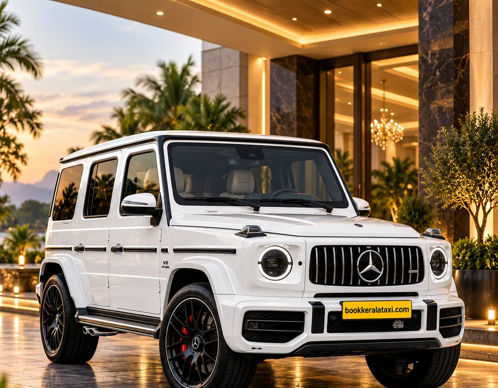 Mercedes-Benz G-Class from the Book Kerala Taxi luxury fleet at a hotel portico