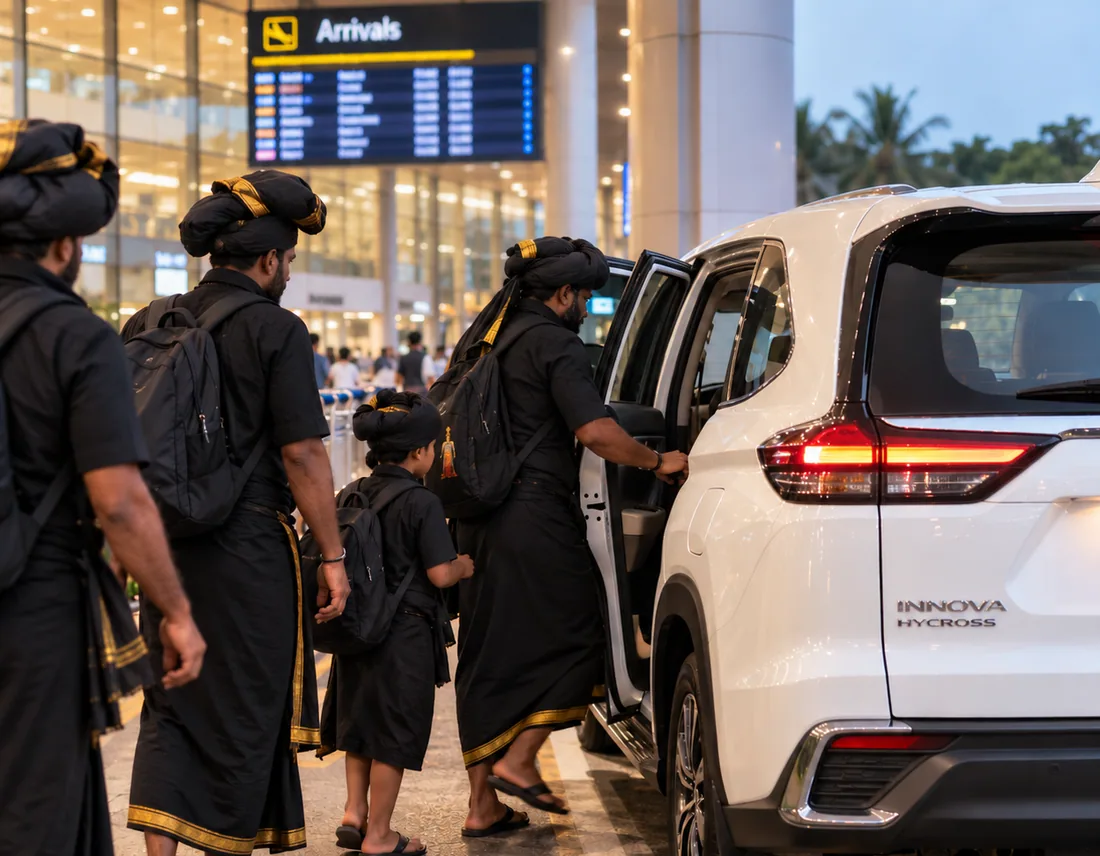 Sabarimala pilgrims boarding a Book Kerala Taxi Innova at the airport